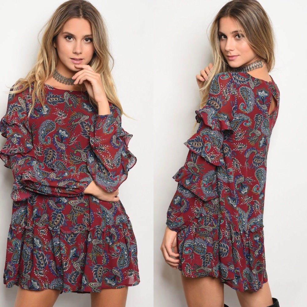 Burgundy Paisley Print Dress 💋
